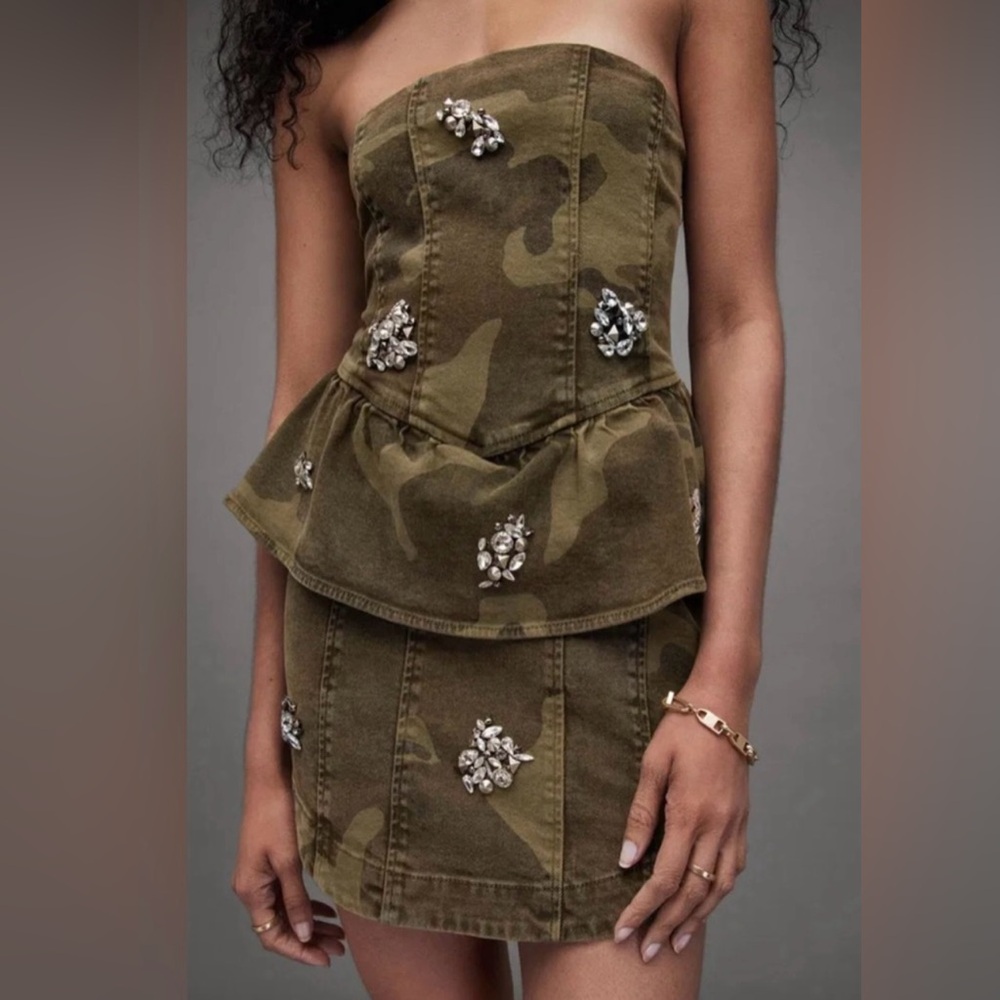 All Saints Strapless Camouflage Dress with Embellishments